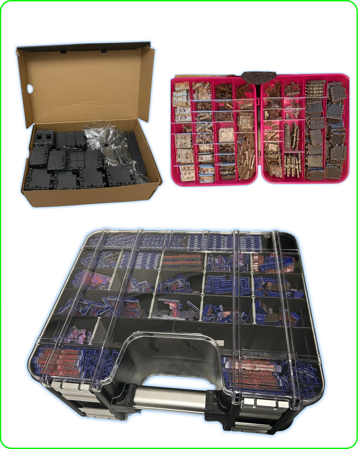 Full table set packed flat in a shoebox-sized case
